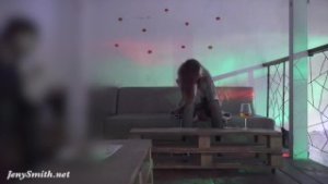 Jeny Smith teasing a stranger. Then he strokes her in a Night Club