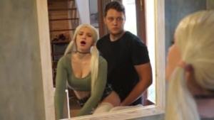Sucked on a dare and was fucked hard by a blonde in a school uniform and moans loudly