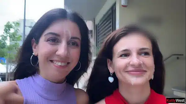 Slutty Neighbors Ask for Cum on Their Cute Faces for Public Cumwalk