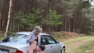 Twink gives a blowjob step bro 24cm big cock outdoor by car