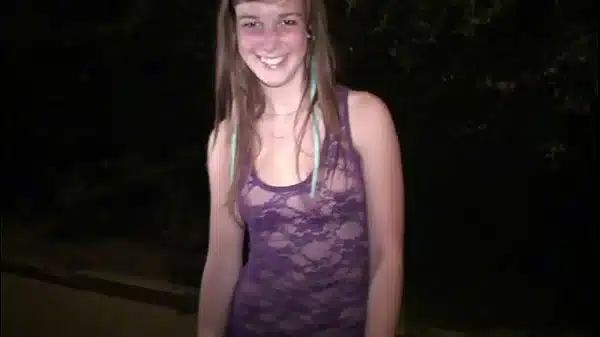 Young cute teen girl Alexis Crystal going to a public ging location