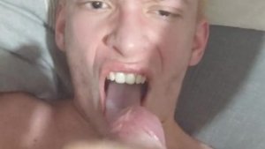 Skinny horny teen shoots a load in his throat and spits some out