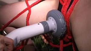 Tiny tit blindfolded MILF made naked-roped in front of crowd-f. to cum