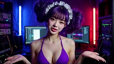 A lovely Asian girl in a cyberpunk computer room office, Ai animation