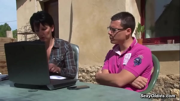 Brunette French housewife Lucie Luke takes guy by his cock and gives him a blowjob then he shoves hard cock up her ass and pounds her in the garden