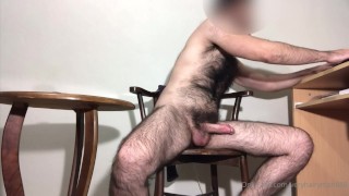 Sexy hairy guy cums all over her leg on the couch