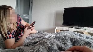 My stepsister came my room she sexy I show a my excited cock, a strong erection, I start masturbating a dick, a beautiful girl watches a man jerk off a big dick and she likes it she voyeur OMG !!!