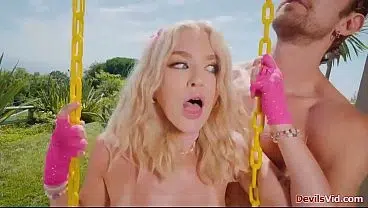 Emma Rosie is masturbating in the outdoor swing.Her guy fingers her shaved pussy and makes her squirt.The small tits babe deepthroats then rides cock
