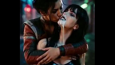 Hot lesbian deep kissing scene – Panam Palmer (Cyberpunk 2077) and Nyx Loops moaning and drooling profusely – AI Generated