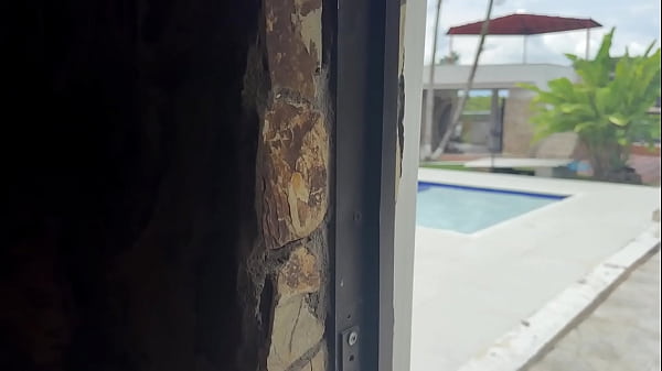 Voyeur! My stepbrother gets hard watching me masturbate by the pool