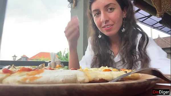 Walking with cum on face in cafe – Girl eats pizza and swallows cum – Cumwalk