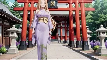 AI- Blonde in Lavender! Kneeling barefoot under the red Torii gate, her andouf fluttering in the breeze. That elusive side profile and deep gaze… what secrets does this shrine hold?