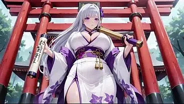 Ai- Silver-Haired Miko Shrine Secrets! Half-unbuttoned white kimono, kneeling poses and intense eye contact.