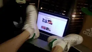 Apple laptop worships Adidas Stan Smith sneakers, white socks, boy’s feet fetish, twink’s legs