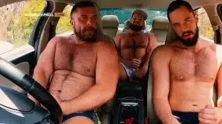 Three Hairy Aussie Blokes Jerk in Car